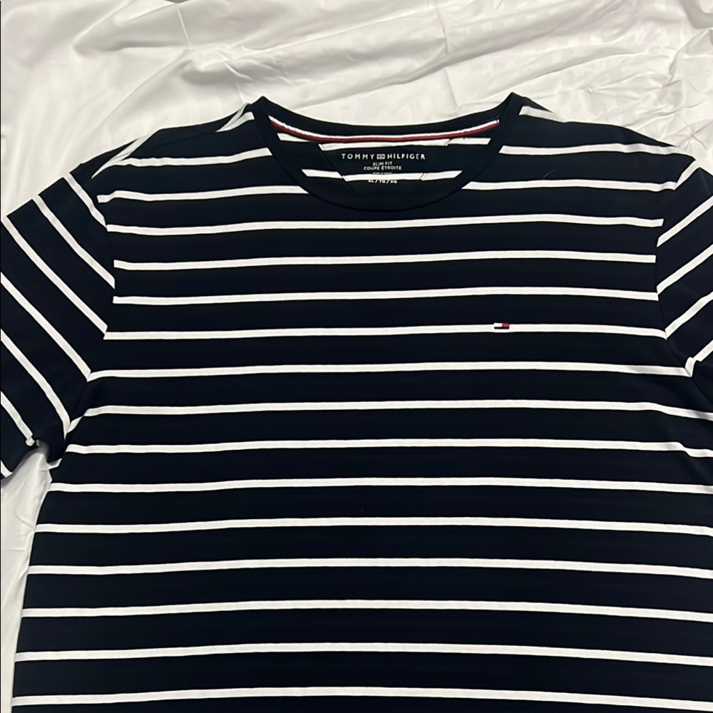 Tommy Hilfiger Black and White Striped Short Sleeve Tee
